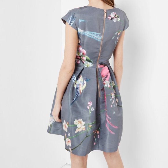 Ted Baker Gray Bir Print Dress Size 0 US size 2 - Picture 2 of 8